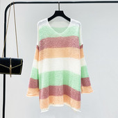 Νέο μοντέλο ριγέ γυναικείο  πουλόβερ με λαιμόκοψη - μακρύ μοντέλο