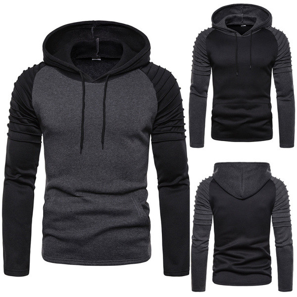 Hétköznapi férfi pulóver kapucnival és megkötővel szürke és fekete színben