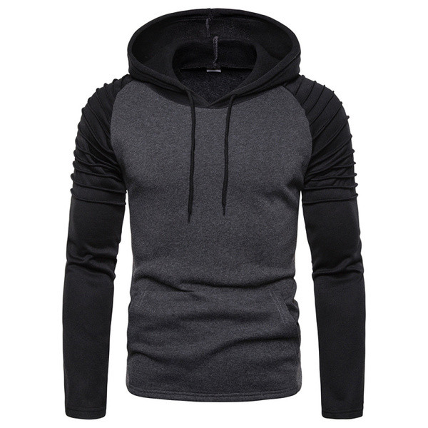 Hétköznapi férfi pulóver kapucnival és megkötővel szürke és fekete színben