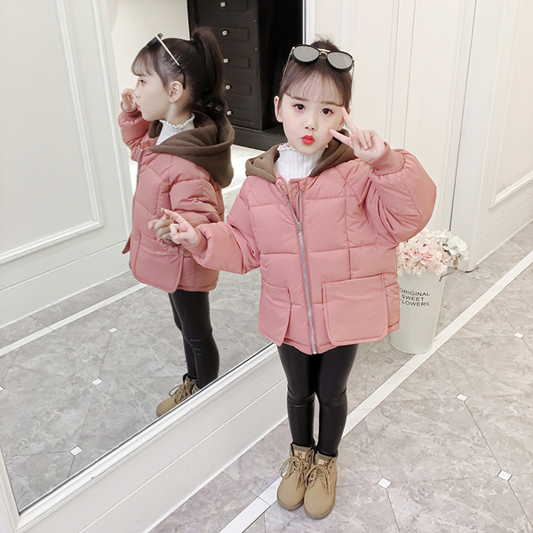 Geaca de copii model nou pentru fete cu gluga in culorile alb, roz si negru