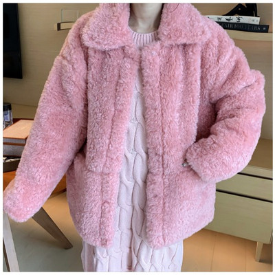 Μακρύ και φαρδύ χνουδωτό παλτό σε ροζ, λευκό και κίτρινο χρώμα