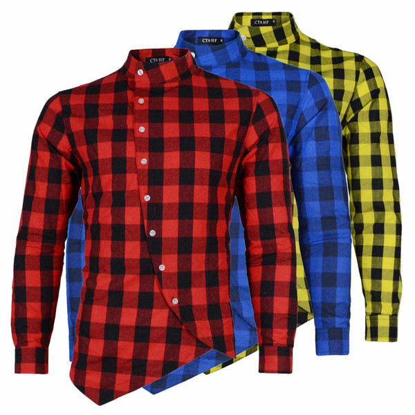 ÚJ modell férfi kockás ing aszimmetrikus rögzítéssel és klasszikus gallérral három színben