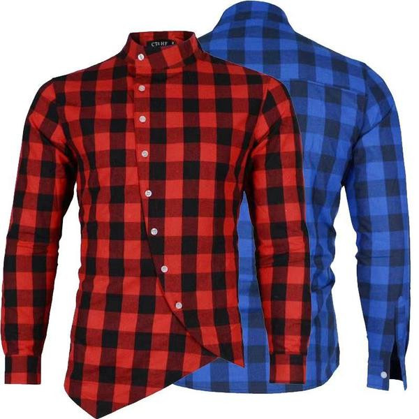 ÚJ modell férfi kockás ing aszimmetrikus rögzítéssel és klasszikus gallérral három színben