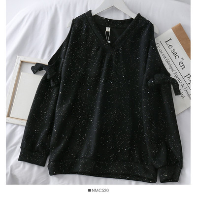 Μοντέρνα γυναικεία μπλούζα με γυμνά ώμους και κορδέλες σε γκρι, λευκό και μαύρο χρώμα