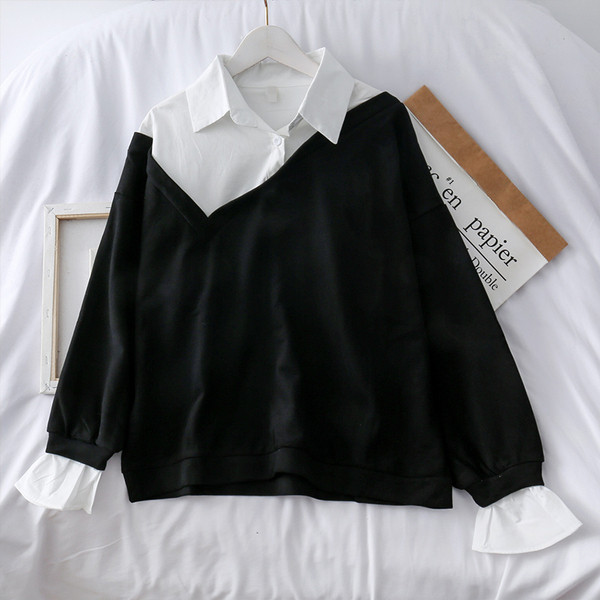 Μοντέρνα γυναικεία μπλούζα σε μαύρο και κίτρινο χρώμα με μακριά μανίκια και γιακά