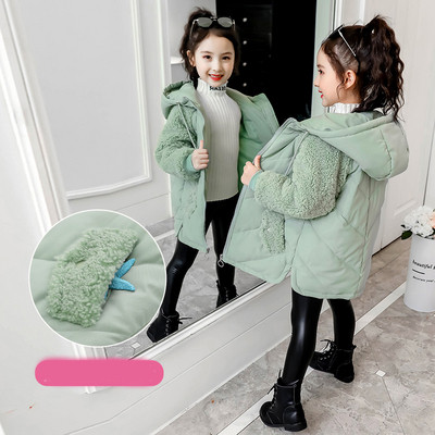 Új modell modern gyerekkabát kapucnival zöld és rózsaszín színben