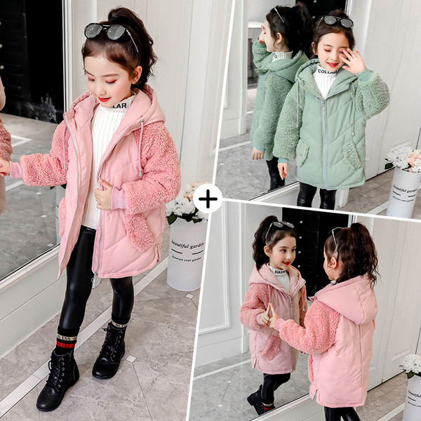 Új modell modern gyerekkabát kapucnival zöld és rózsaszín színben