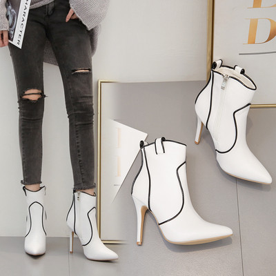 Ghete de dama moderne cu toc subtire si fermoar de culoare alba