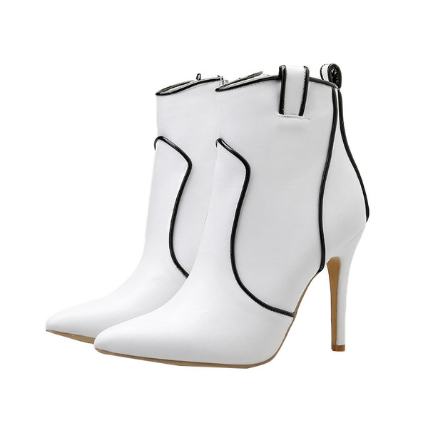 Ghete de dama moderne cu toc subtire si fermoar de culoare alba