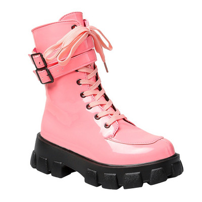 Cizme de dama cu sireturi si talpa plata in albastru, negru si roz