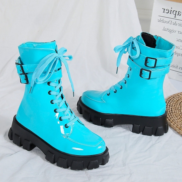 Cizme de dama cu sireturi si talpa plata in albastru, negru si roz