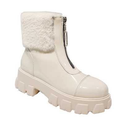 Cizme casual de dama cu fermoar si puf in negru si bej