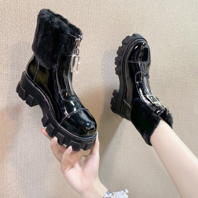 Cizme casual de dama cu fermoar si puf in negru si bej