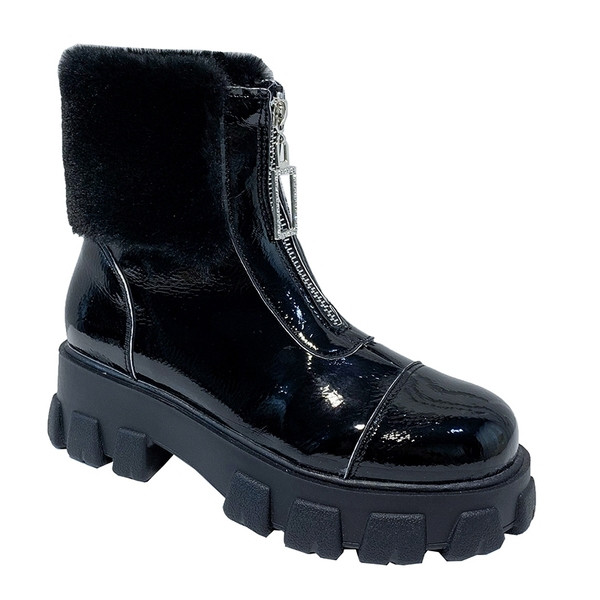 Cizme casual de dama cu fermoar si puf in negru si bej