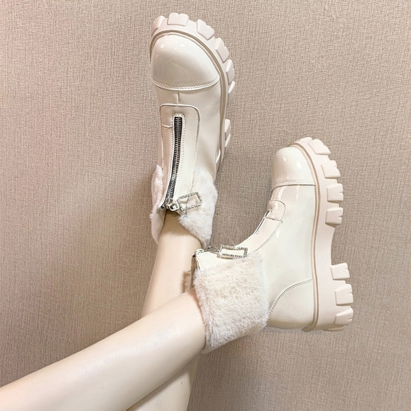 Cizme casual de dama cu fermoar si puf in negru si bej