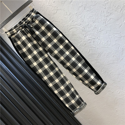 Pantaloni casual de dama in carouri cu talie inalta si margini