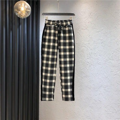 Pantaloni casual de dama in carouri cu talie inalta si margini