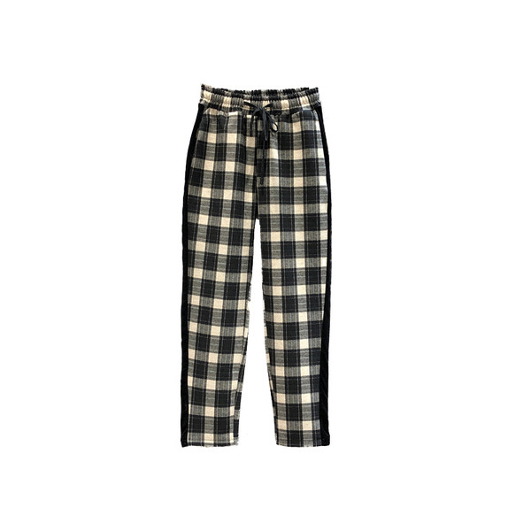 Pantaloni casual de dama in carouri cu talie inalta si margini