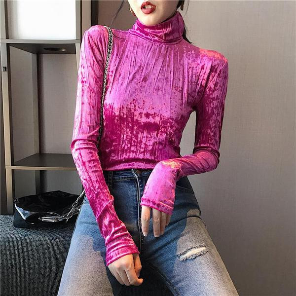 Bluză de damă cu guler polo din catifea în trei culori