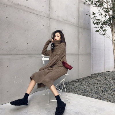 Γυναικείο μακρύ πλεκτό  φόρεμα με κολάρο σε τρία χρώματα