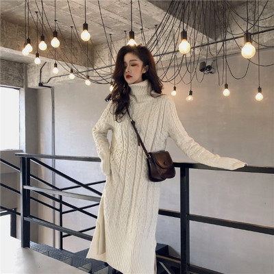 Γυναικείο μακρύ πλεκτό  φόρεμα με κολάρο σε τρία χρώματα