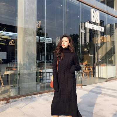 Γυναικείο μακρύ πλεκτό  φόρεμα με κολάρο σε τρία χρώματα