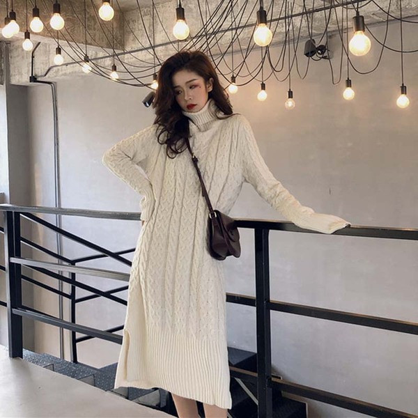 Γυναικείο μακρύ πλεκτό  φόρεμα με κολάρο σε τρία χρώματα