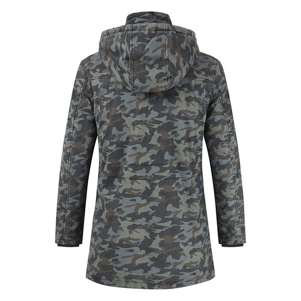Jachetă lungă modernă pentru bărbați, cu glugă și model de camuflaj