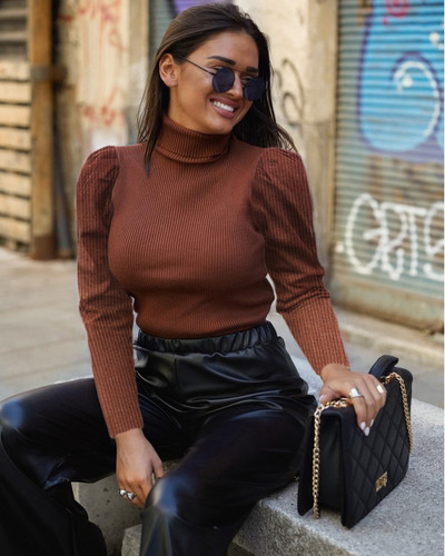 Μοντέρνο γυναικείο πουλόβερ με ψηλό γιακά και μακρύ μανίκι σε καφέ και μαύρο χρώμα