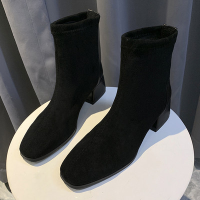 Γυναικείες έκο  δερμάτινες μπότες  με χοντρό χαμιλό τακούνι σε δύο χρώματα - δύο μοντέλα