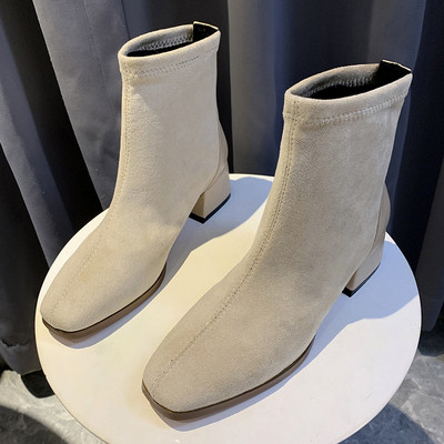 Γυναικείες έκο  δερμάτινες μπότες  με χοντρό χαμιλό τακούνι σε δύο χρώματα - δύο μοντέλα