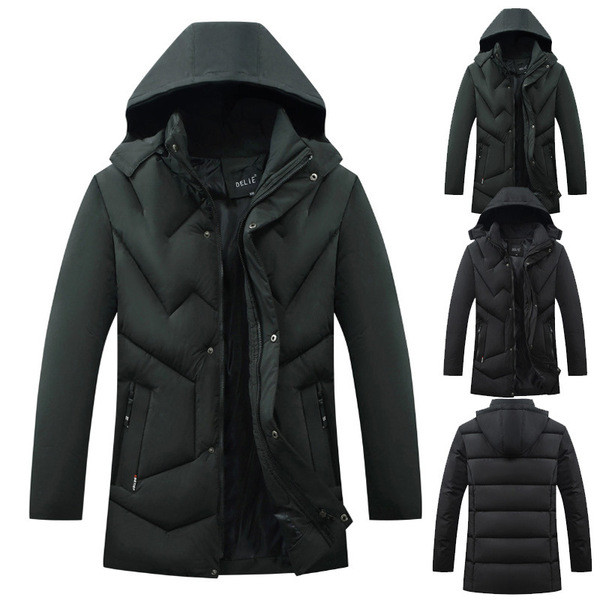 Modern férfi kabát kapucnival és gombokkal fekete és zöld színben