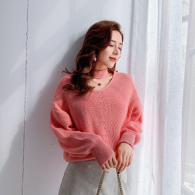 Μοντέρνο γυναικείο πουλόβερ  με μακρύ μανίκι σε πράσινο, ροζ, μπεζ και λευκό χρώμα