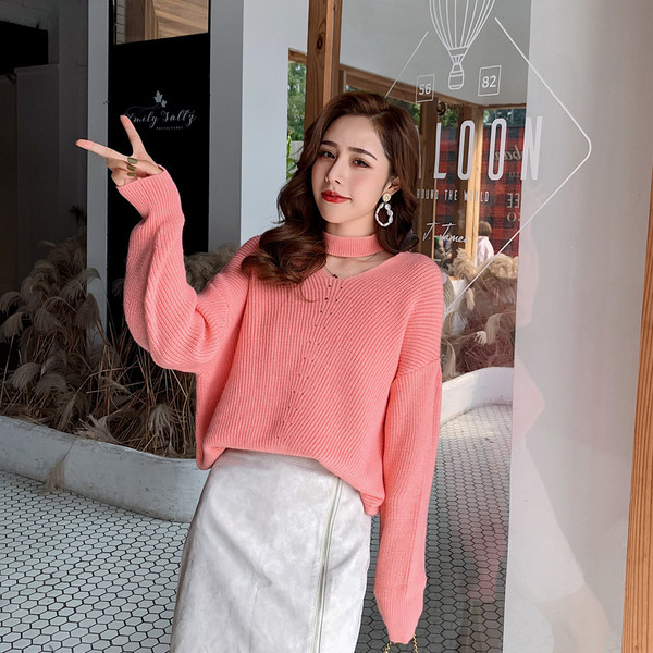 Μοντέρνο γυναικείο πουλόβερ  με μακρύ μανίκι σε πράσινο, ροζ, μπεζ και λευκό χρώμα