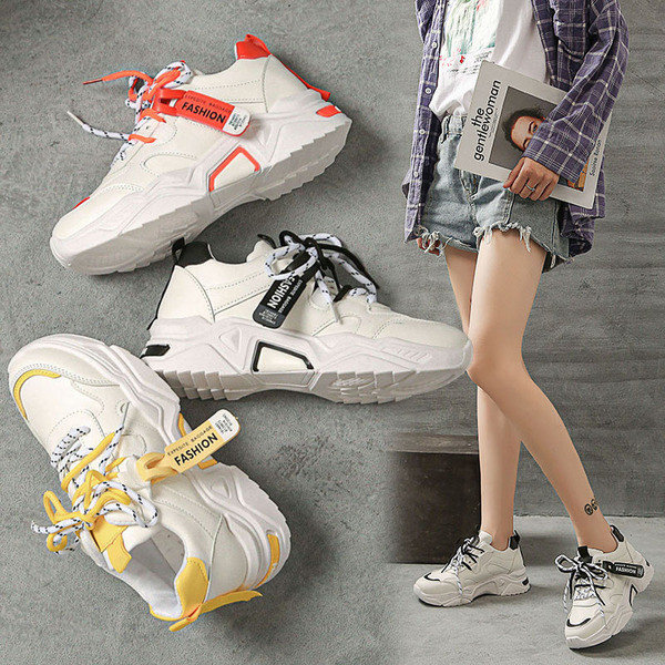 Γυναικεία καθημερινά αθλητικά παπούτσια με κορδόνια σε λευκό, πορτοκαλί και κίτρινο χρώμα
