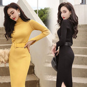 Rochie moderna de dama cu curea si guler inalt in doua culori