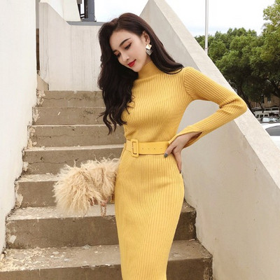 Rochie moderna de dama cu curea si guler inalt in doua culori