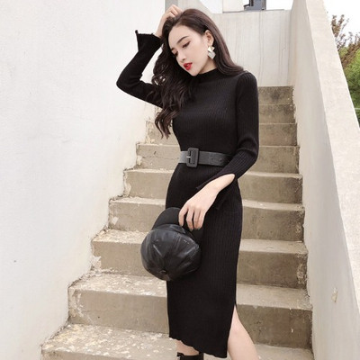 Rochie moderna de dama cu curea si guler inalt in doua culori