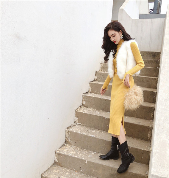 Rochie moderna de dama cu curea si guler inalt in doua culori