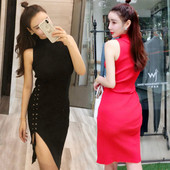 Rochie modernă de damă cu fantă și cravate în negru și roșu