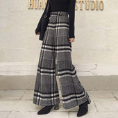 Széles kockás nadrág magas derékkal