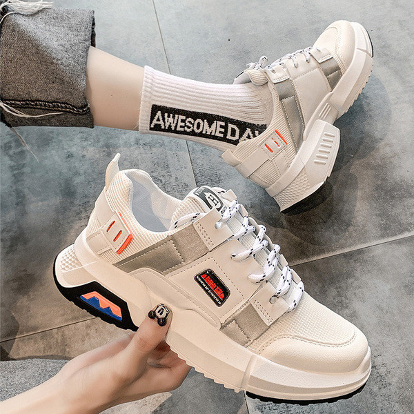 Női alkalmi sportcipő durva talppal és fűzős sárga, fehér és barna színben