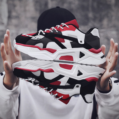 Ανδρικά αθλητικά παπούτσια νέο μοντέλο με κορδόνια και παχιά σόλα σε μαύρο, κόκκινο και κίτρινο χρώμα