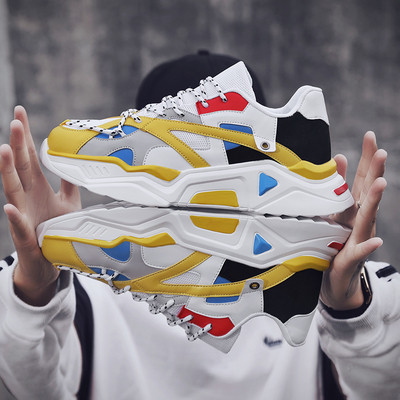 Ανδρικά αθλητικά παπούτσια νέο μοντέλο με κορδόνια και παχιά σόλα σε μαύρο, κόκκινο και κίτρινο χρώμα