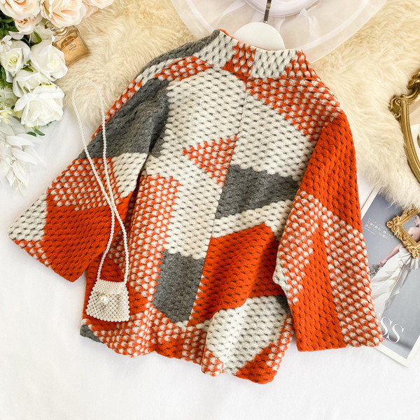 Palton casual de dama fara inchidere cu model colorat