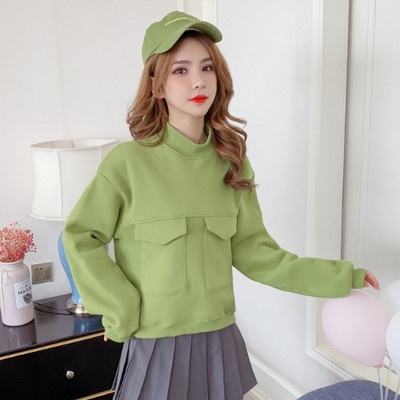 Μοντέρνα γυναικεία μπλούζα με τσέπες και κολάρο με μπλε και πράσινο χρώμα