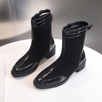 Cizme de dama elegante cu toc joase in negru si bej
