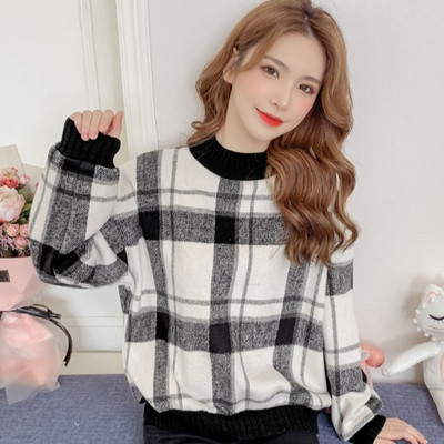 Új modell kockás női pulóver O-nyakkal barna és fekete színben