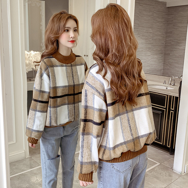Új modell kockás női pulóver O-nyakkal barna és fekete színben