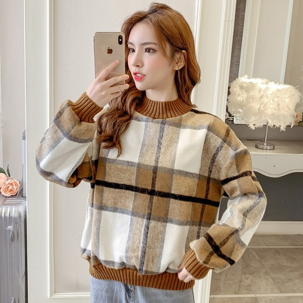 Új modell kockás női pulóver O-nyakkal barna és fekete színben